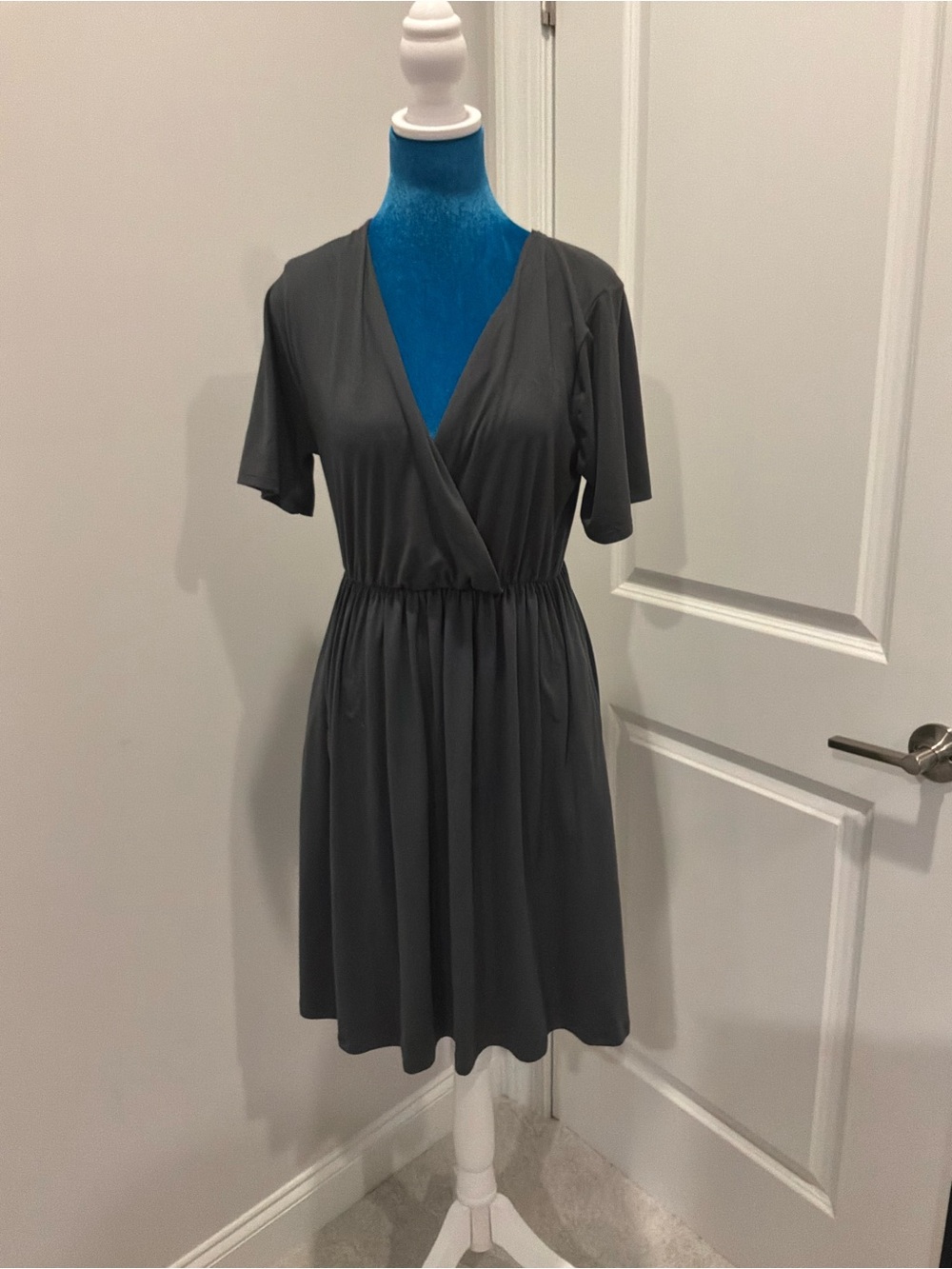 Zenana Outfitters Charcoal Gray Wrap-Style Midi Dress